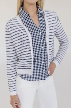 Robin Long Sleeve Button Down Stripe Print Knit Cardigan Navy
