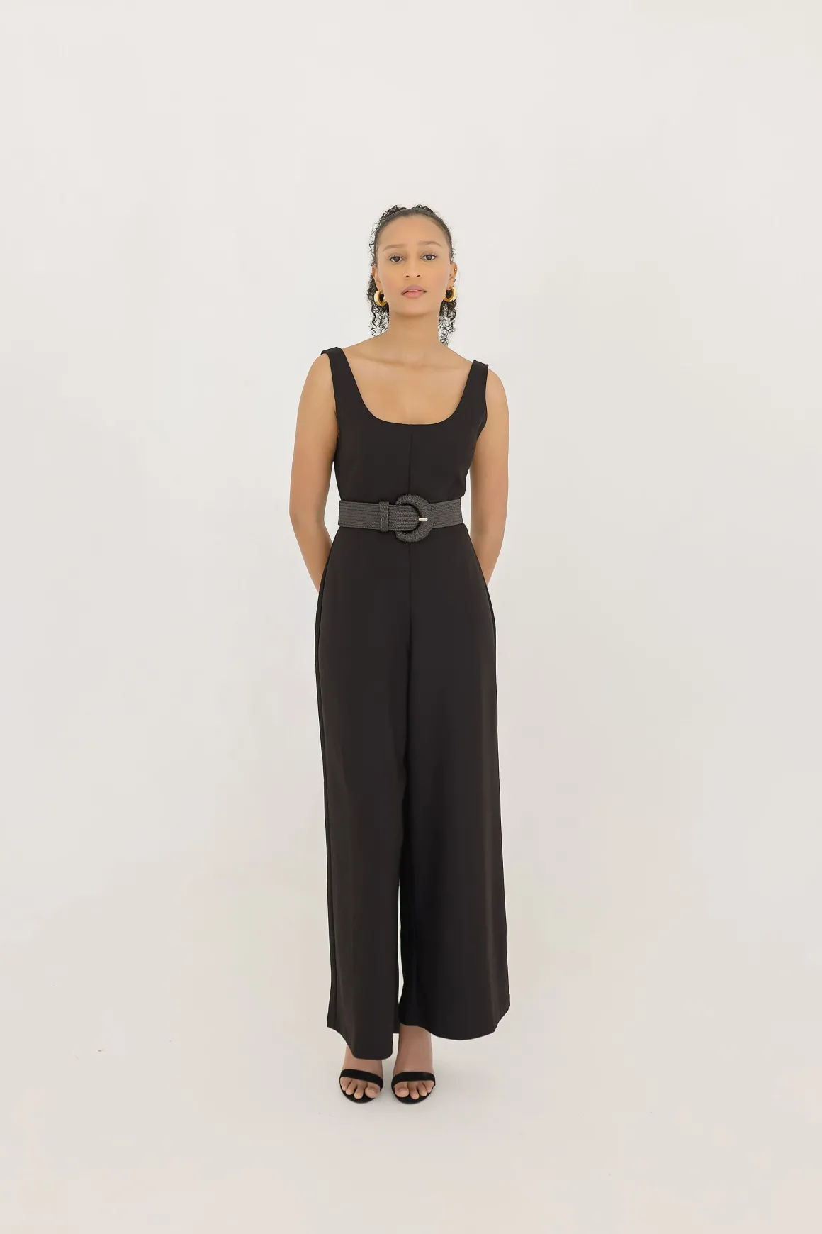 Rosa Large Buckle Straw Waist Belt Black