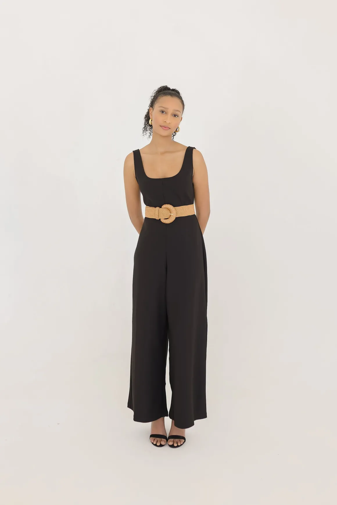 Rosa Large Buckle Straw Waist Belt Tan