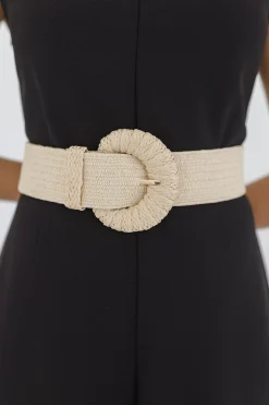 Rosa Large Buckle Straw Waist Belt Beige