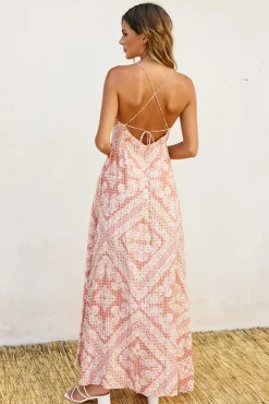 Roselyn Sleeveless Back Tie Paisley Scarf Print Maxi Dress Pink