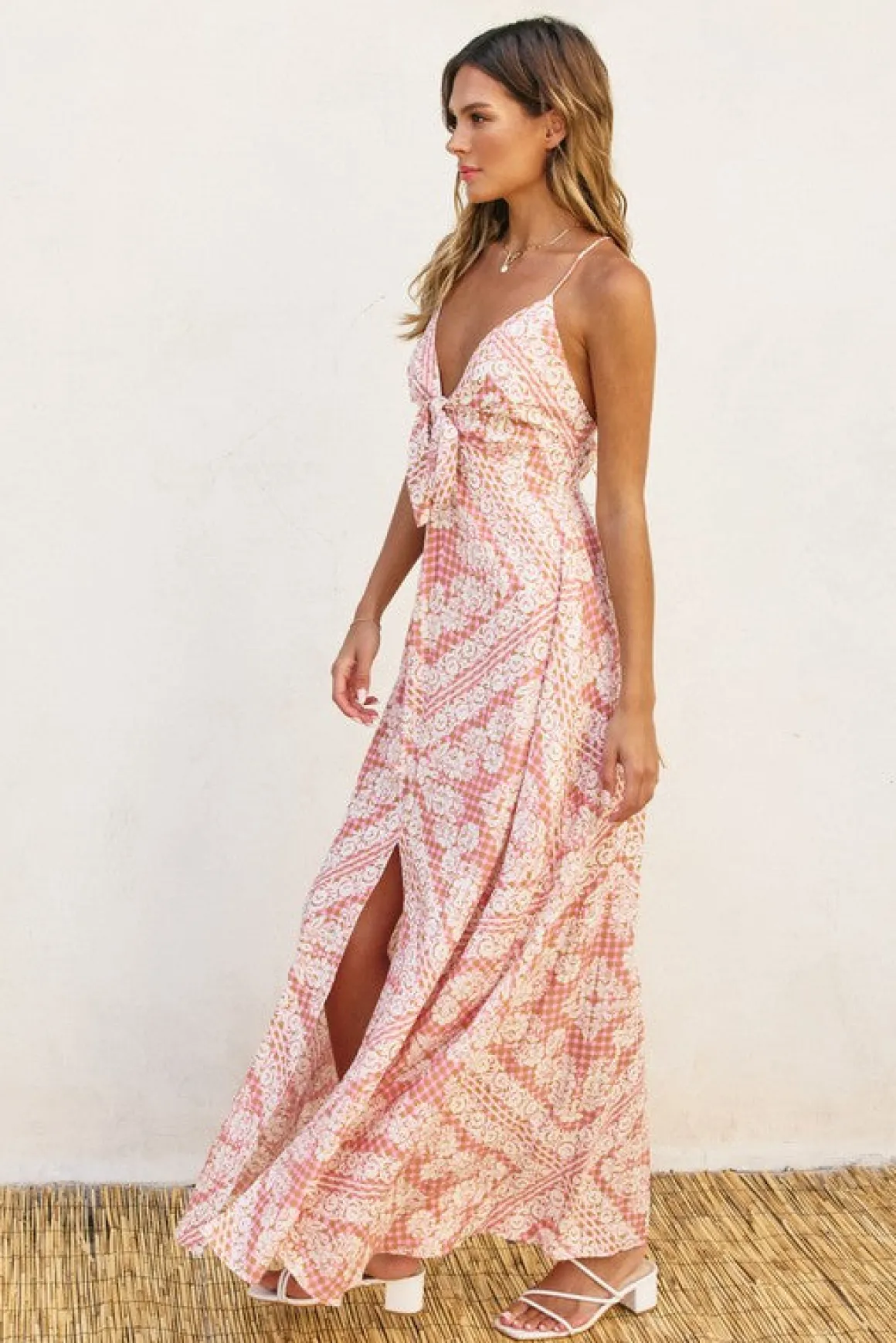 Roselyn Sleeveless Back Tie Paisley Scarf Print Maxi Dress Pink