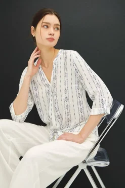 Roxanne Long Sleeve Tie Front Abstract Print Top Blue