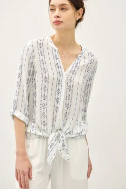 Roxanne Long Sleeve Tie Front Abstract Print Top Blue