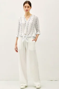 Roxanne Long Sleeve Tie Front Abstract Print Top Blue