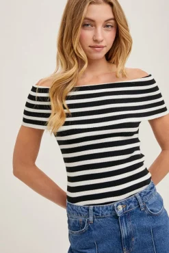 Ruby Off The Shoulder Stripe Print Top Black