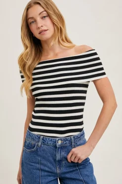 Ruby Off The Shoulder Stripe Print Top Black
