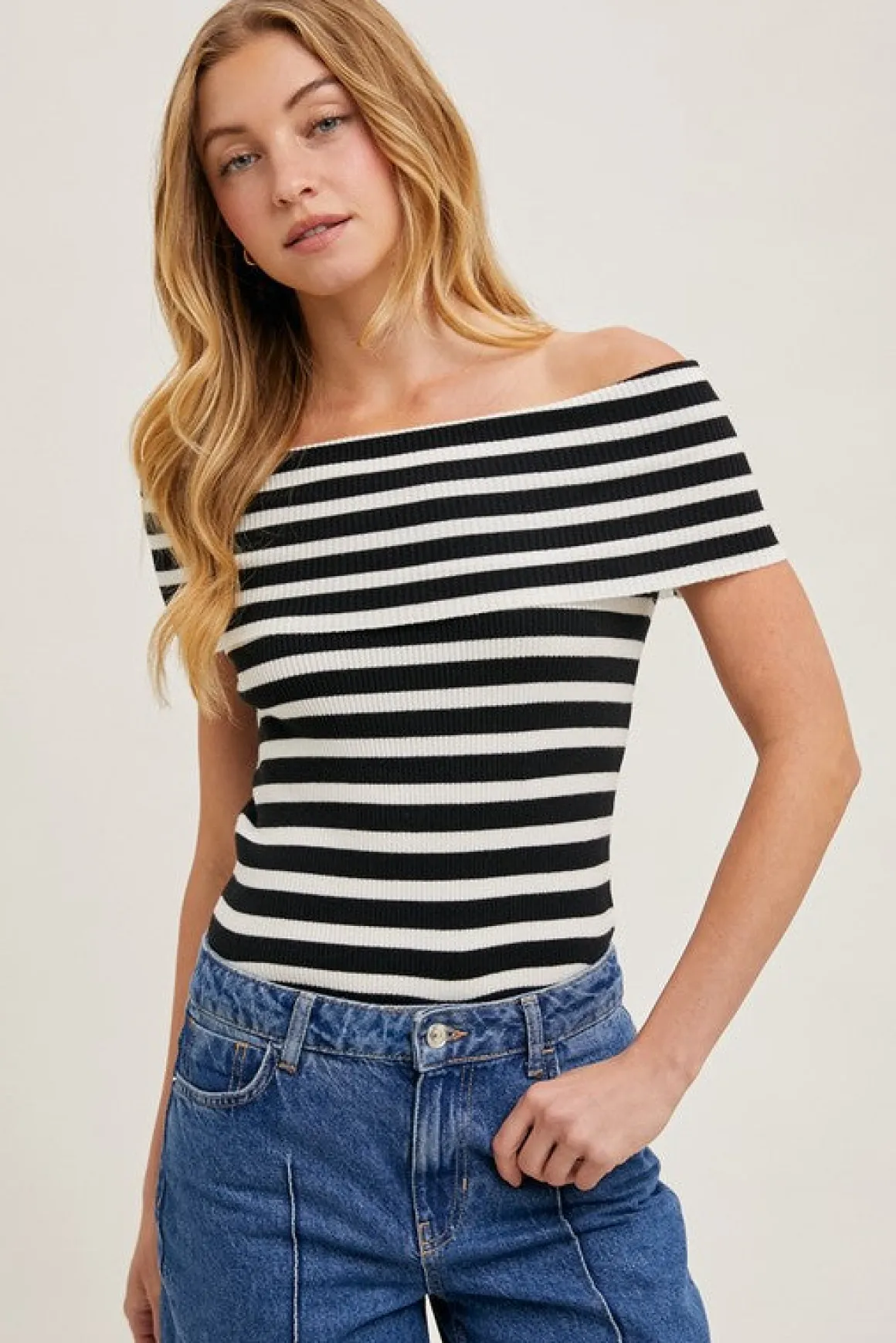 Ruby Off The Shoulder Stripe Print Top Black