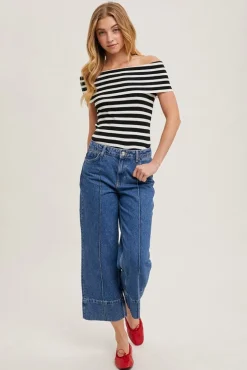 Ruby Off The Shoulder Stripe Print Top Black