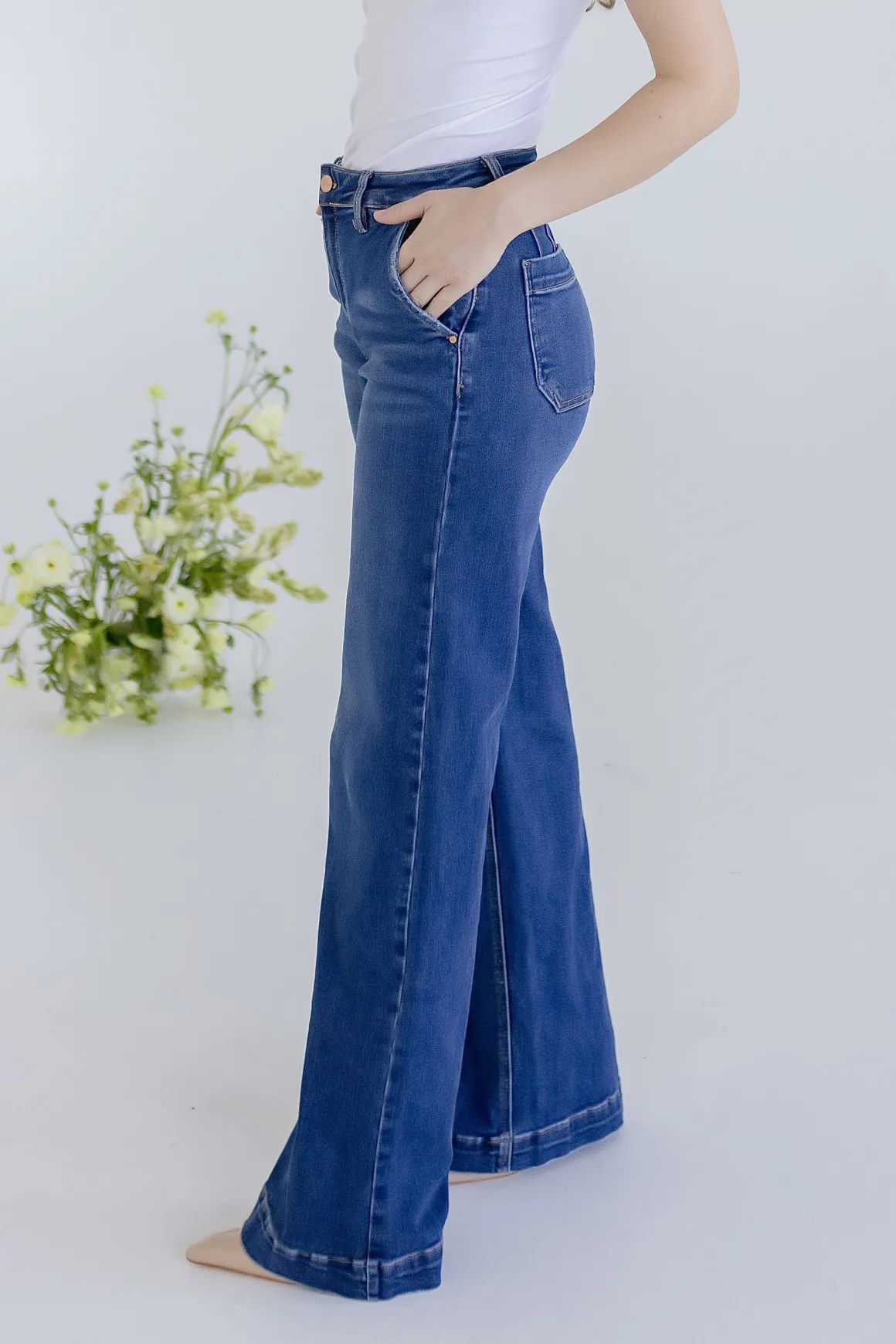 Rudy High Rise Slanted Pocket Wide Leg Jeans Dark Wash