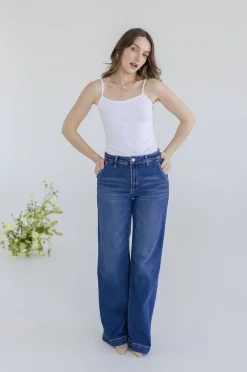 Rudy High Rise Slanted Pocket Wide Leg Jeans Dark Wash