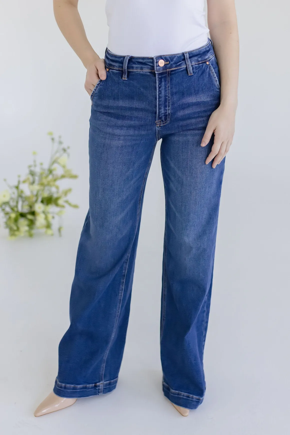Rudy High Rise Slanted Pocket Wide Leg Jeans Dark Wash