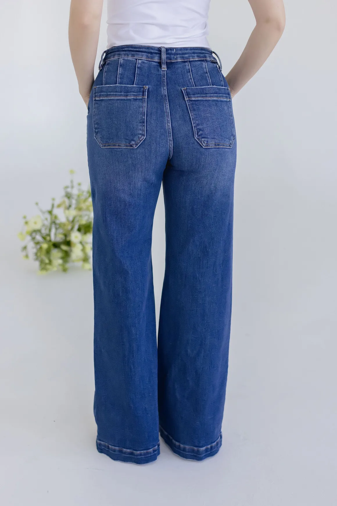 Rudy High Rise Slanted Pocket Wide Leg Jeans Dark Wash