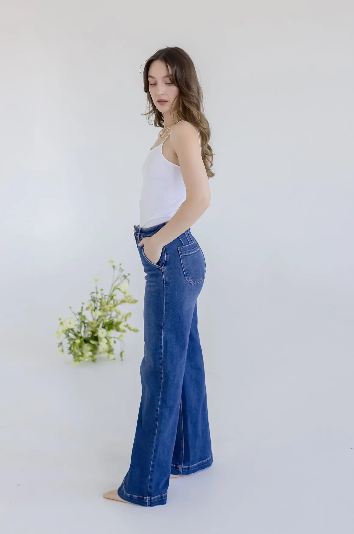 Rudy High Rise Slanted Pocket Wide Leg Jeans Dark Wash