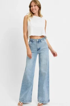 Rudy High Rise Slanted Pocket Wide Leg Jeans Light Wash