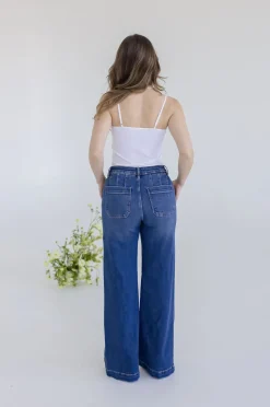 Rudy High Rise Slanted Pocket Wide Leg Jeans Dark Wash