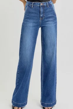 Rudy High Rise Slanted Pocket Wide Leg Jeans Dark Wash