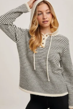 Sabine Long Sleeve Stripe Print Henley Hoodie Sweater Cream