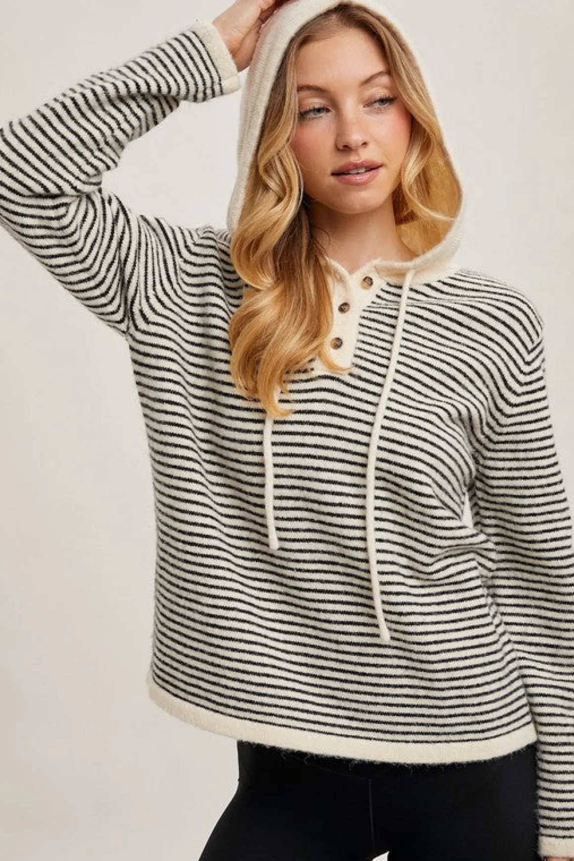 Sabine Long Sleeve Stripe Print Henley Hoodie Sweater Cream