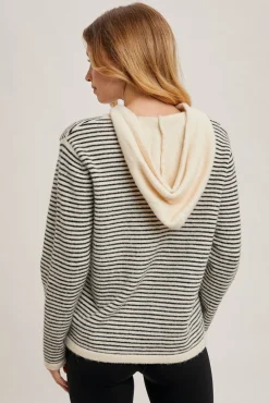 Sabine Long Sleeve Stripe Print Henley Hoodie Sweater Cream