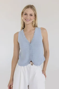 Sabrina Sleeveless Button Down Crochet Knit Sweater Top Blue