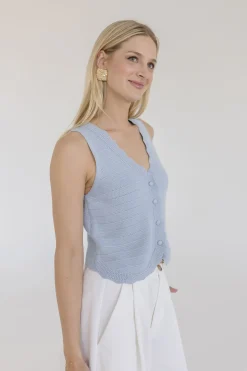 Sabrina Sleeveless Button Down Crochet Knit Sweater Top Blue