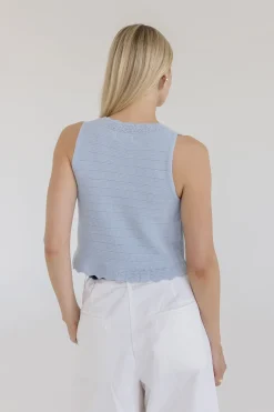 Sabrina Sleeveless Button Down Crochet Knit Sweater Top Blue
