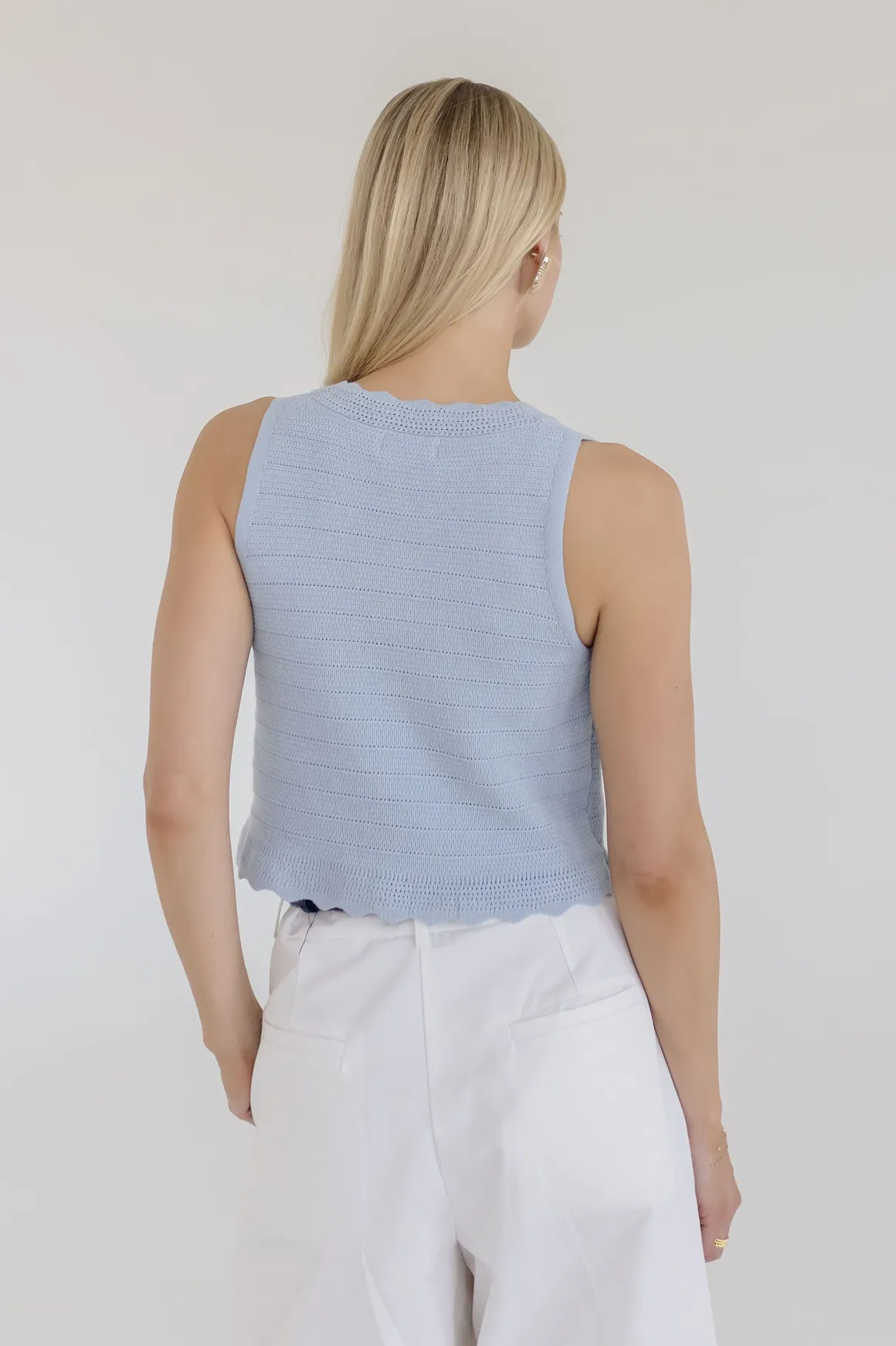 Sabrina Sleeveless Button Down Crochet Knit Sweater Top Blue