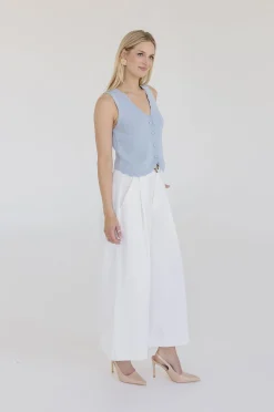 Sabrina Sleeveless Button Down Crochet Knit Sweater Top Blue