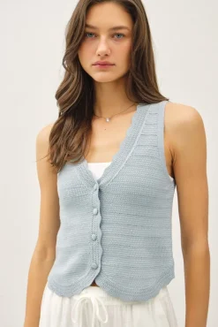 Sabrina Sleeveless Button Down Crochet Knit Sweater Top Blue