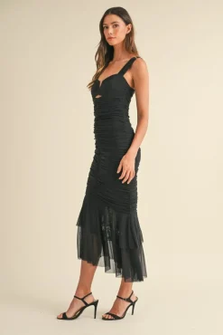 Sadie Sleeveless Cut Out Mesh Midi Dress Black