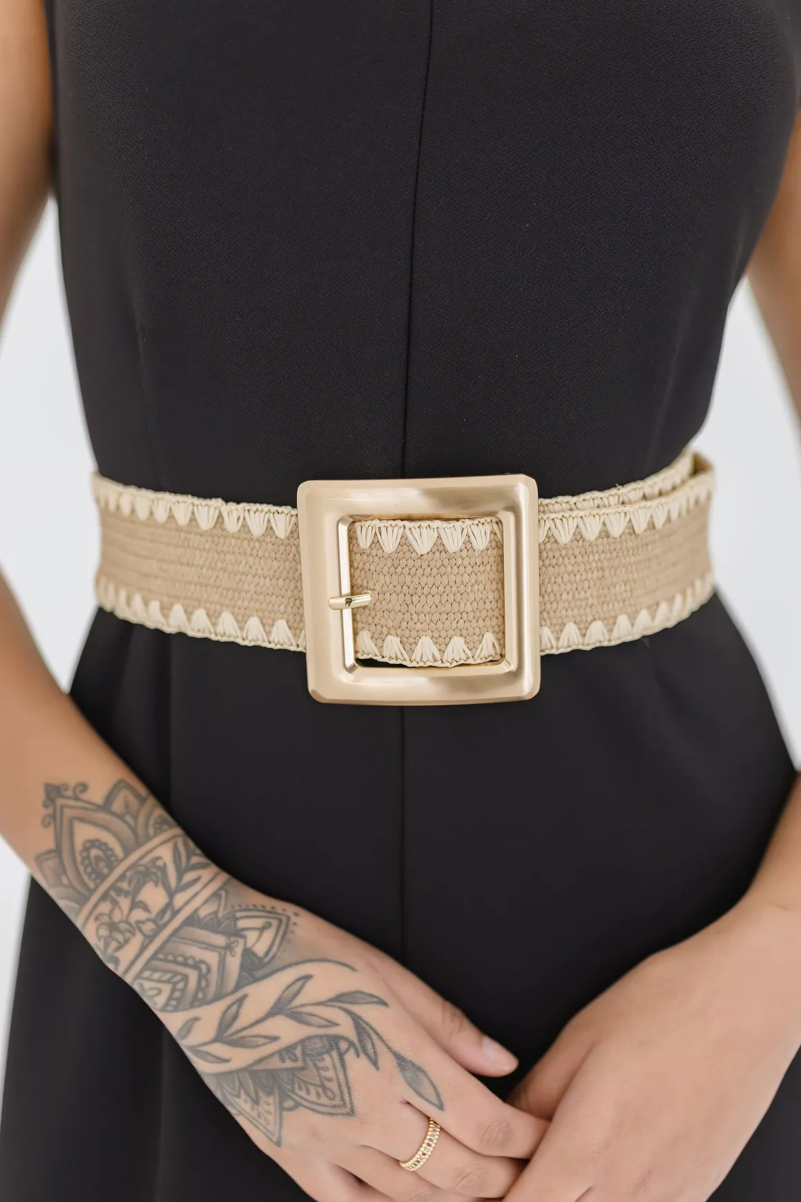 Salena Square Buckle Straw Waist Belt Tan