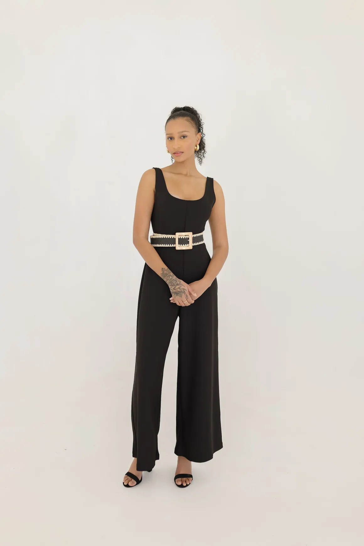 Salena Square Buckle Straw Waist Belt Black