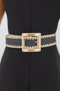 Salena Square Buckle Straw Waist Belt Black