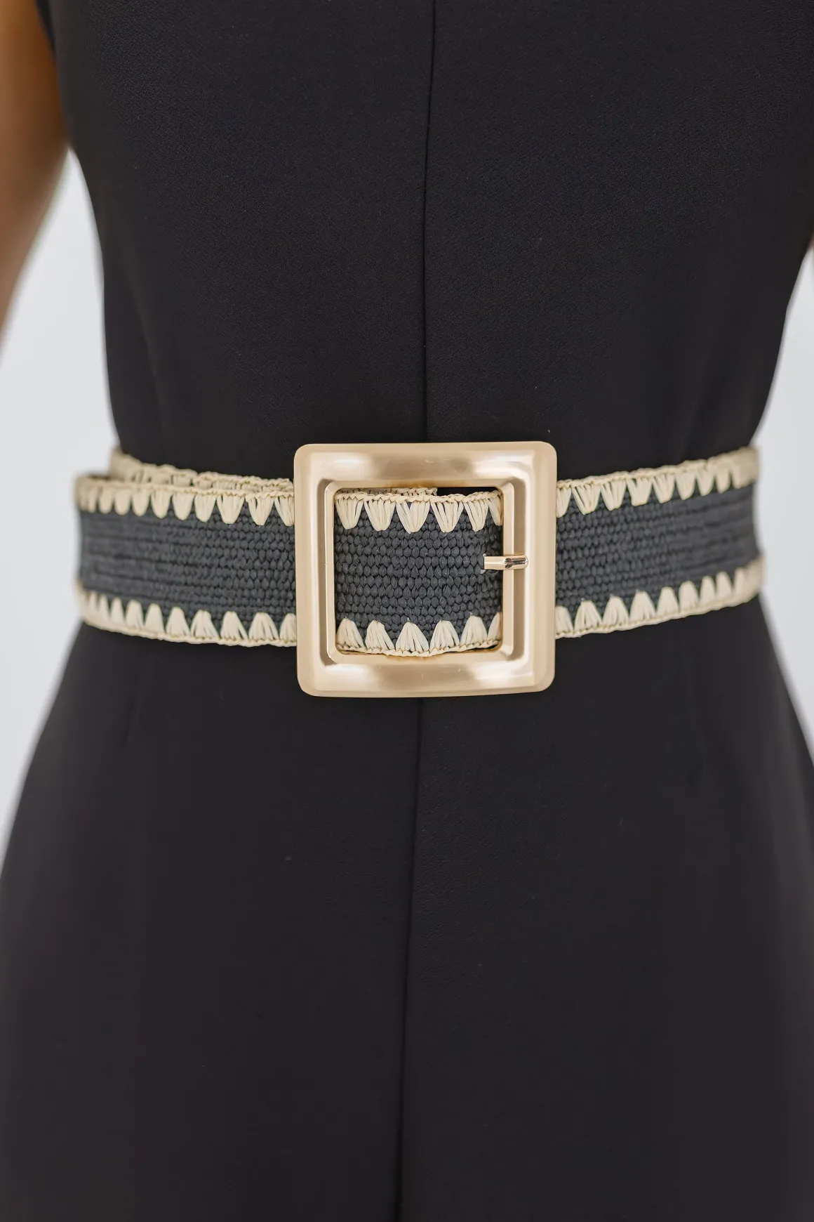 Salena Square Buckle Straw Waist Belt Black