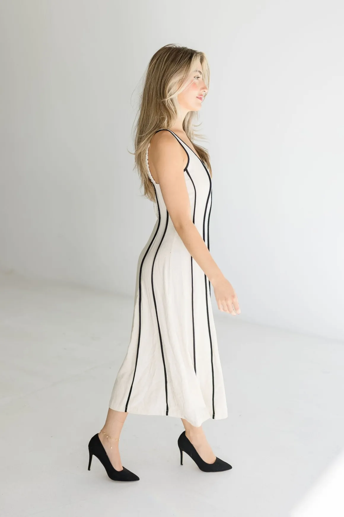 Samantha Sleeveless Contrast Linen Midi Dress Natural