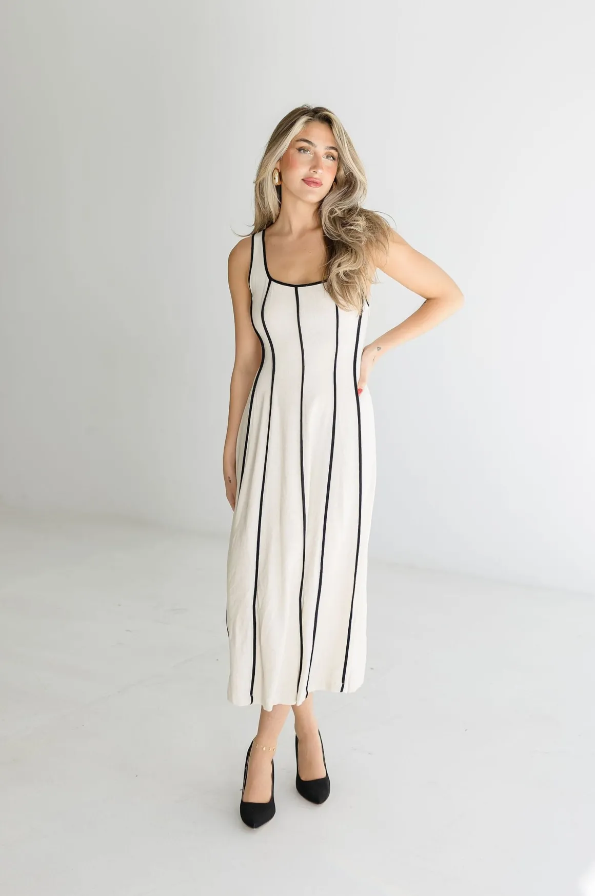 Samantha Sleeveless Contrast Linen Midi Dress Natural