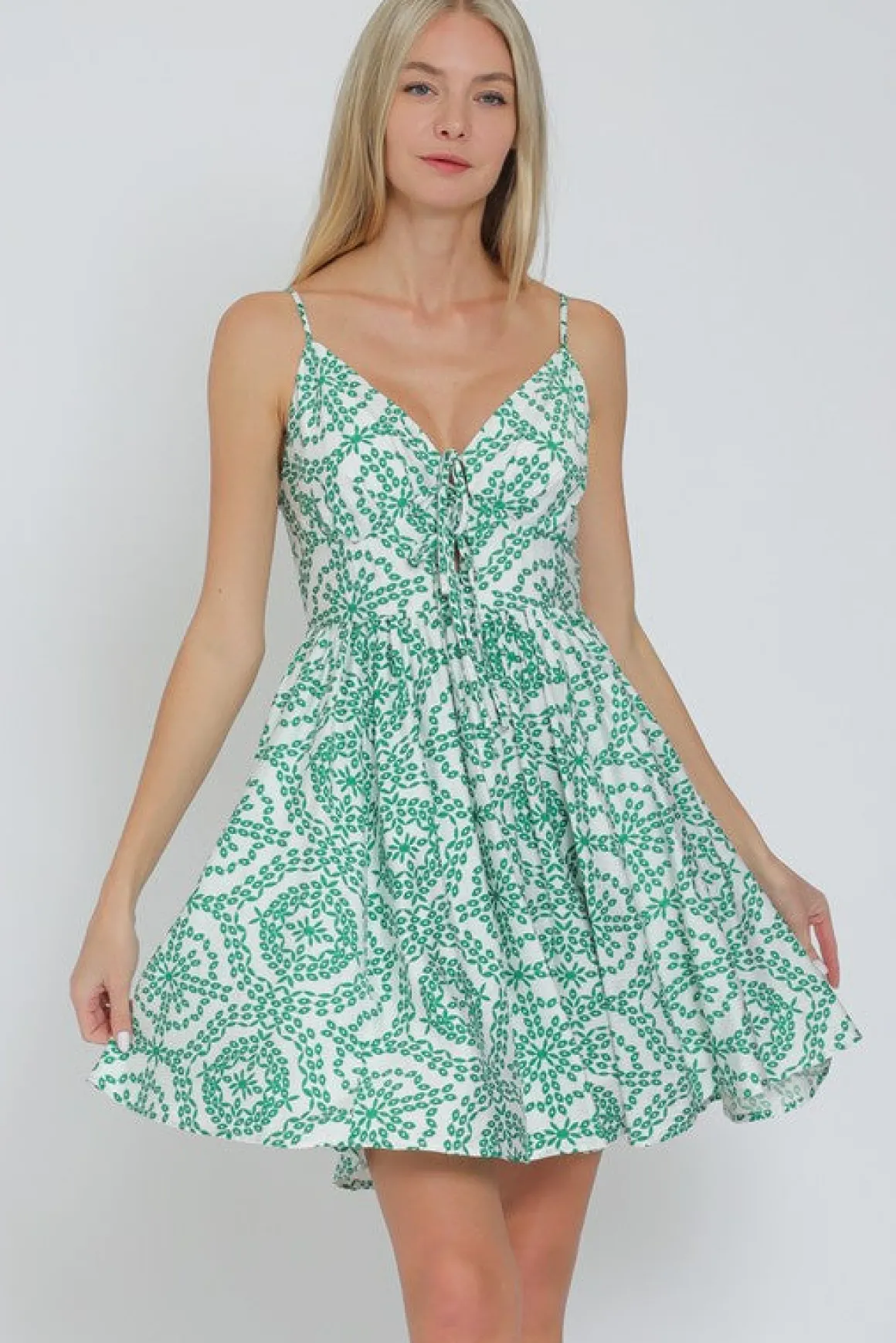 Sami Sleeveless Front Tie Abstract Print Mini Dress Green