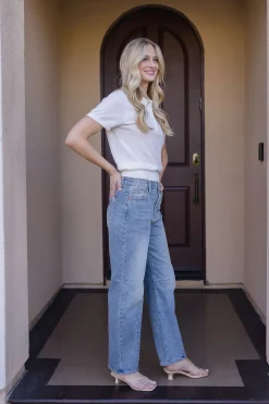 Sandy Short Sleeve Collared Knit Top White