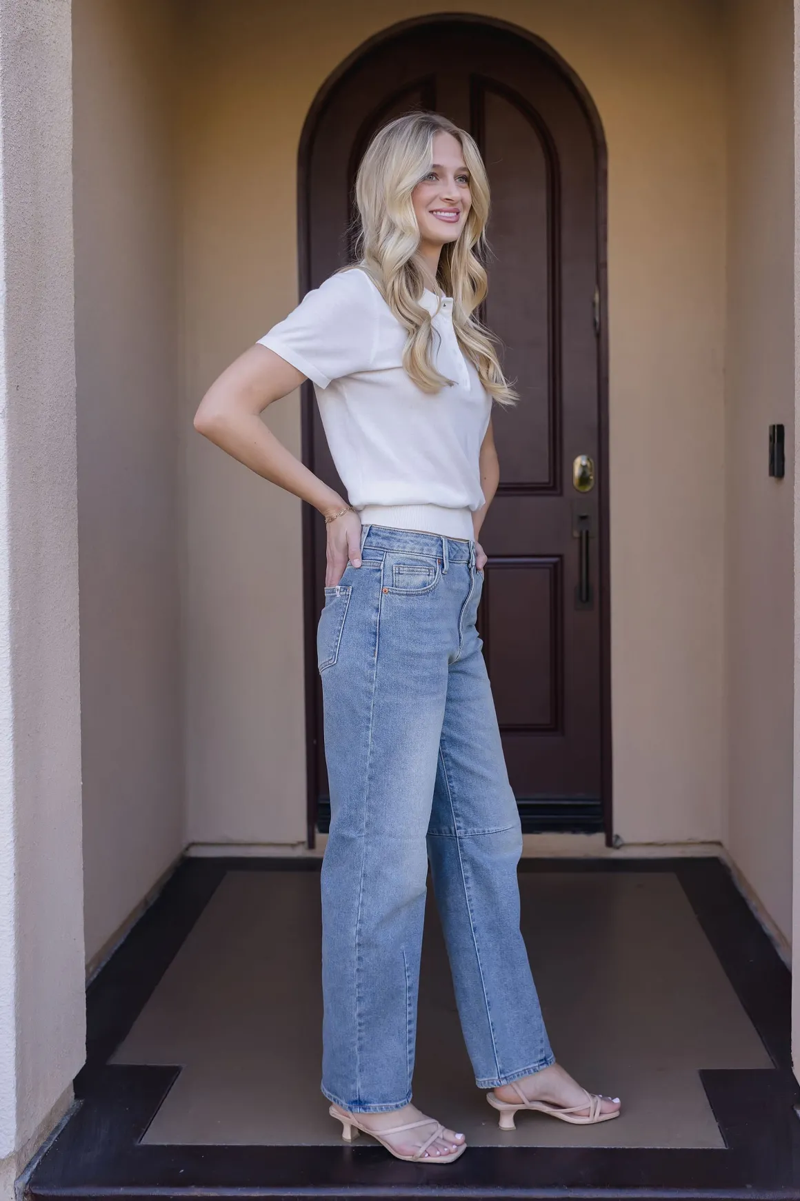 Sandy Short Sleeve Collared Knit Top White
