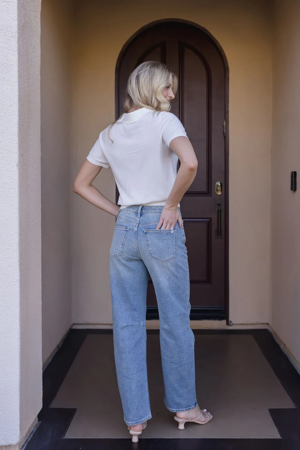 Sandy Short Sleeve Collared Knit Top White