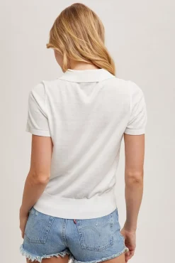 Sandy Short Sleeve Collared Knit Top White