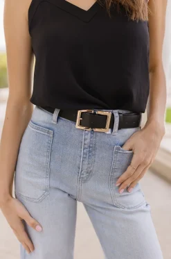 Sarah Double Metal Buckle Vegan Leather Belt Black