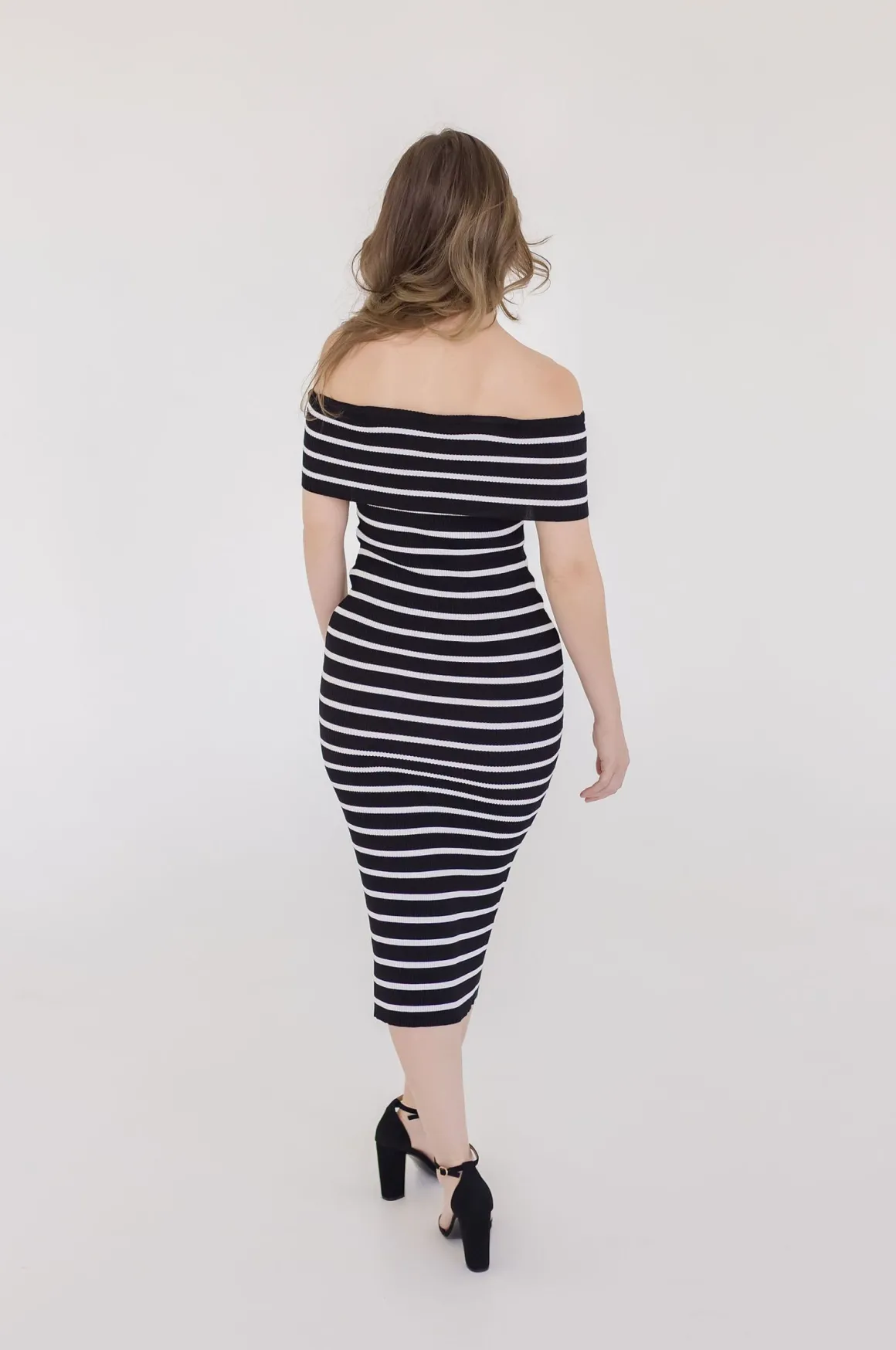 Sasha Off The Shoulder Stripe Print Knit Midi Dress Black