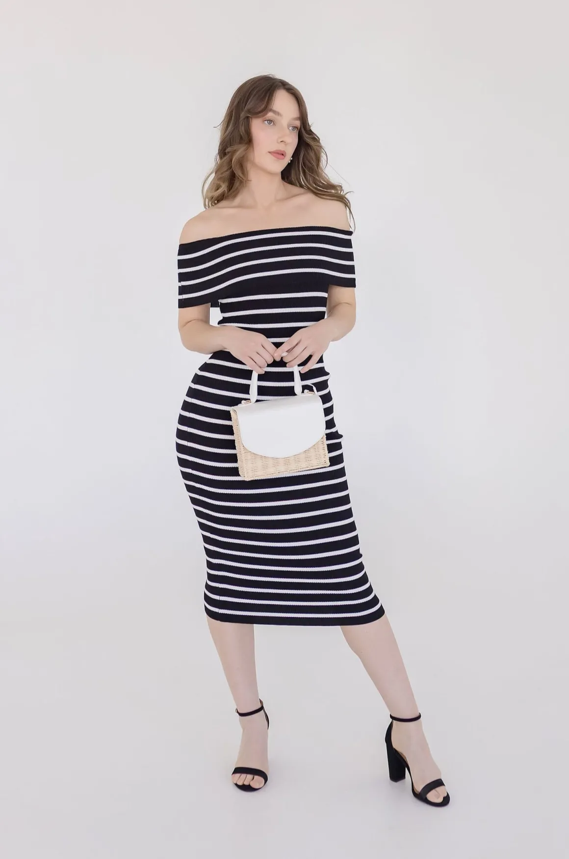 Sasha Off The Shoulder Stripe Print Knit Midi Dress Black