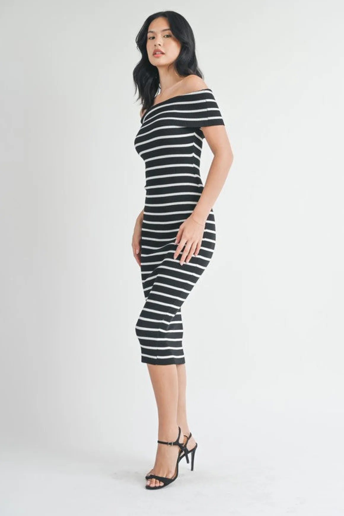 Sasha Off The Shoulder Stripe Print Knit Midi Dress Black