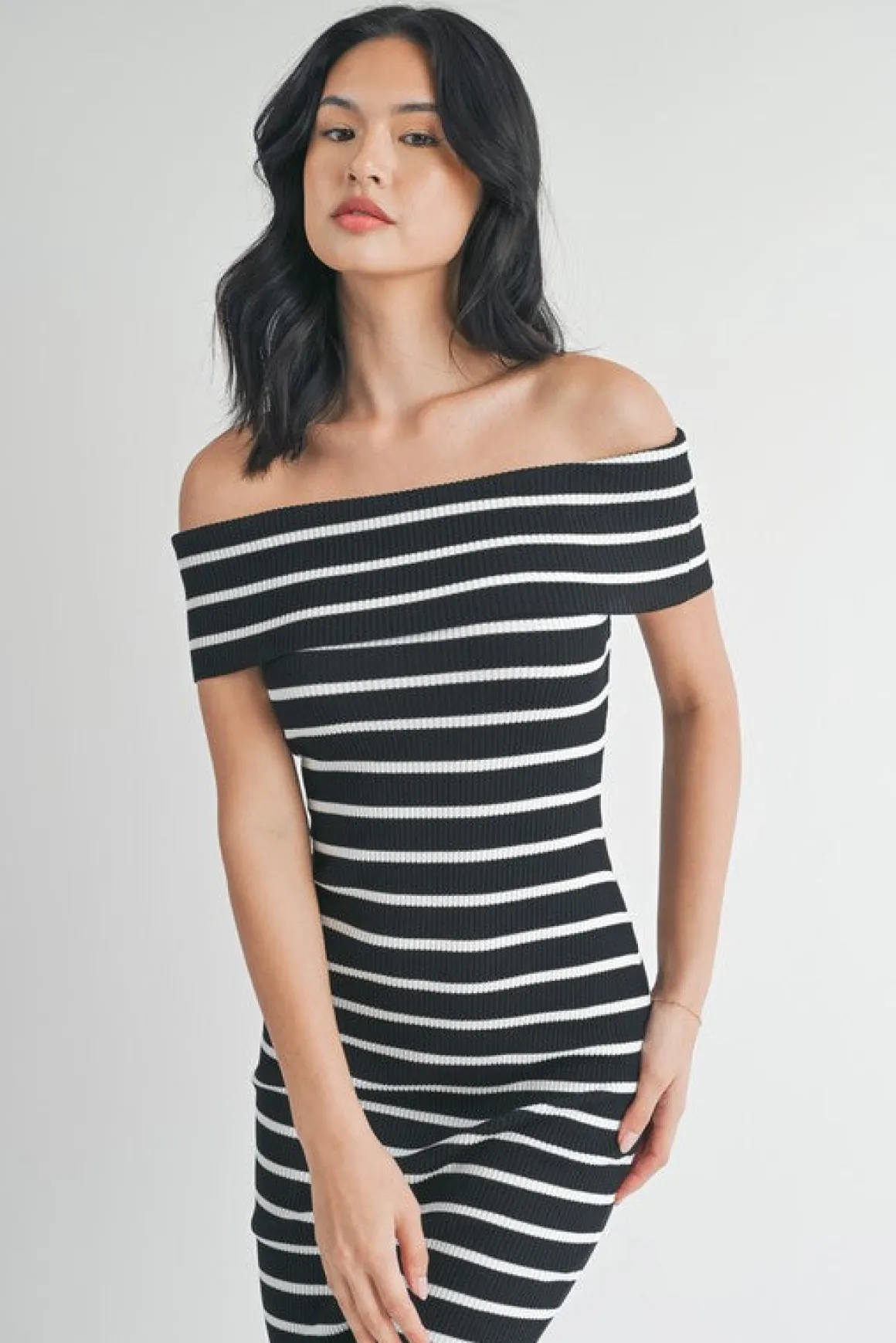 Sasha Off The Shoulder Stripe Print Knit Midi Dress Black