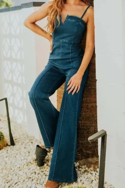 Savannah Sleeveless Wide Leg Denim Jumpsuit Dark Wash