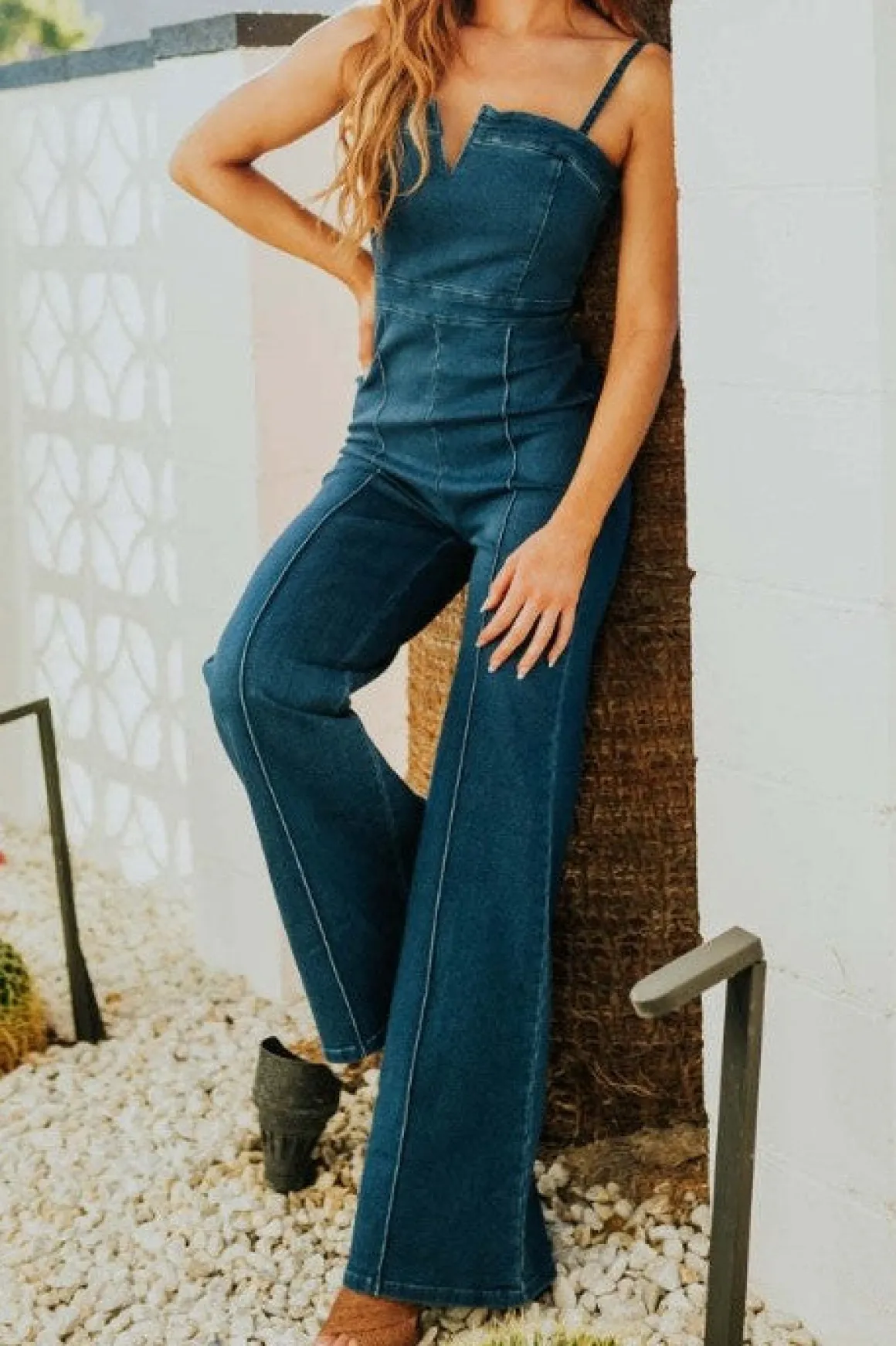 Savannah Sleeveless Wide Leg Denim Jumpsuit Dark Wash