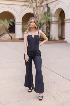 Savannah Sleeveless Wide Leg Denim Jumpsuit Black
